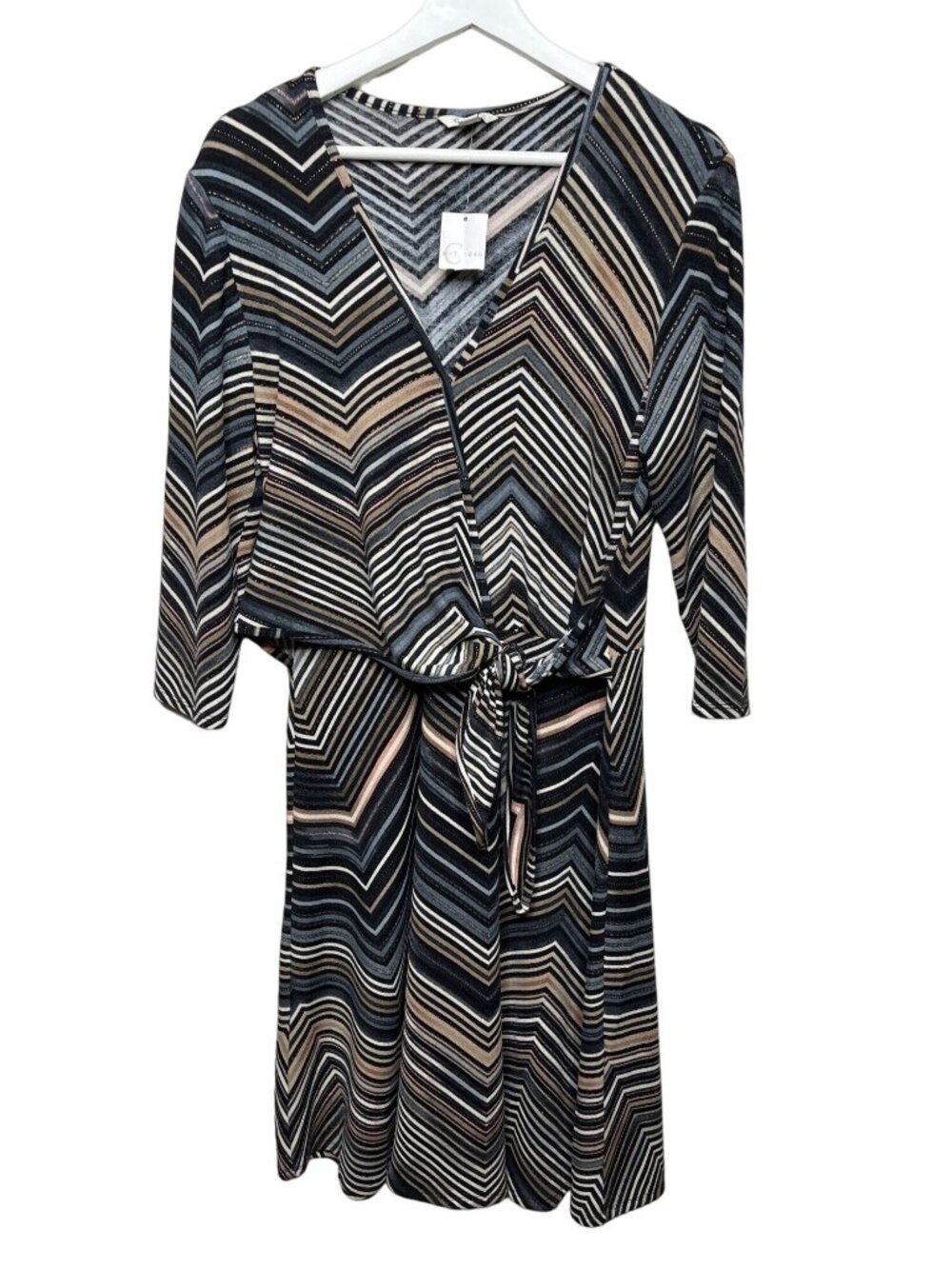 Cato Womens Large Chevron Dress Brown Blue V Neck Tie Waist